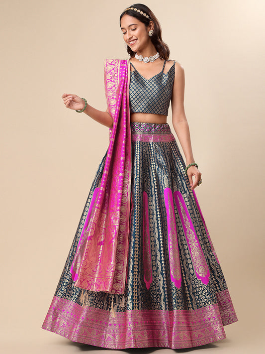 Dark Teal Jacquard Zari Woven Lehenga With Rani Pink Banarasi Dupatta