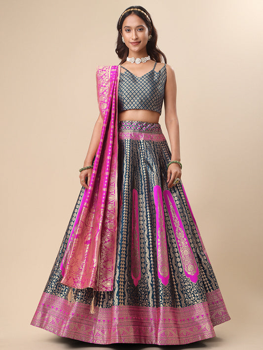 Dark Teal Jacquard Zari Woven Lehenga With Rani Pink Banarasi Dupatta