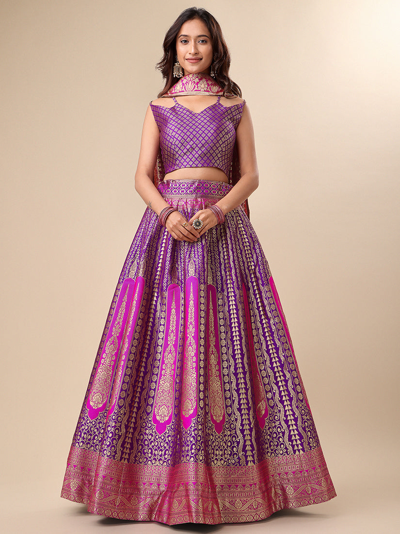 Purple Jacquard Zari Woven Lehenga With Magenta Banarasi Dupatta