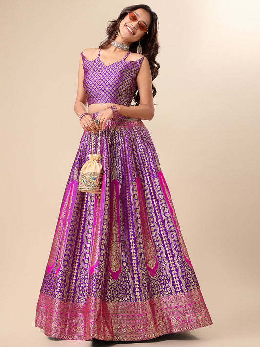 Purple Jacquard Zari Woven Lehenga With Magenta Banarasi Dupatta