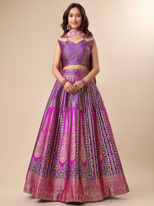 Purple Jacquard Zari Woven Lehenga With Magenta Banarasi Dupatta