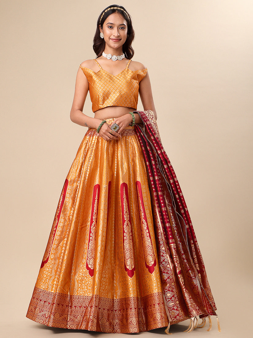 Orange Jacquard Zari Woven Lehenga With Maroon Banarasi Dupatta