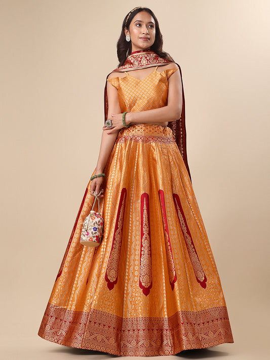Orange Jacquard Zari Woven Lehenga With Maroon Banarasi Dupatta
