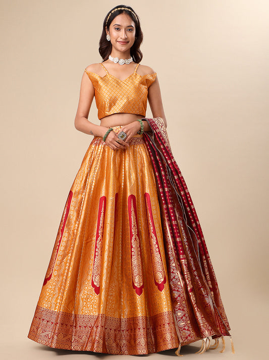 Orange Jacquard Zari Woven Lehenga With Maroon Banarasi Dupatta