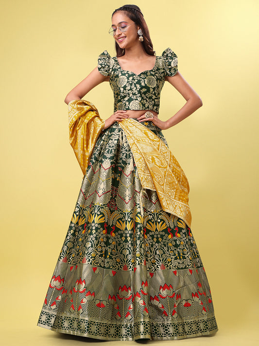 Dark Green Jacquard Zari Woven Lehenga With Yellow Banarasi Dupatta