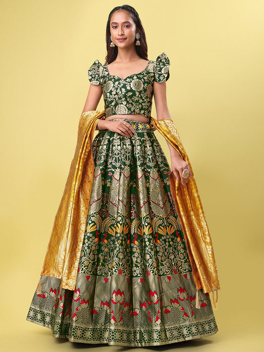 Dark Green Jacquard Zari Woven Lehenga With Yellow Banarasi Dupatta