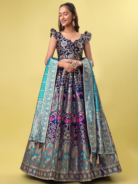 Navy Blue Jacquard Zari Woven Lehenga With Turquoise Banarasi Dupatta