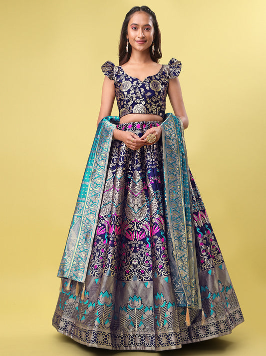 Navy Blue Jacquard Zari Woven Lehenga With Turquoise Banarasi Dupatta