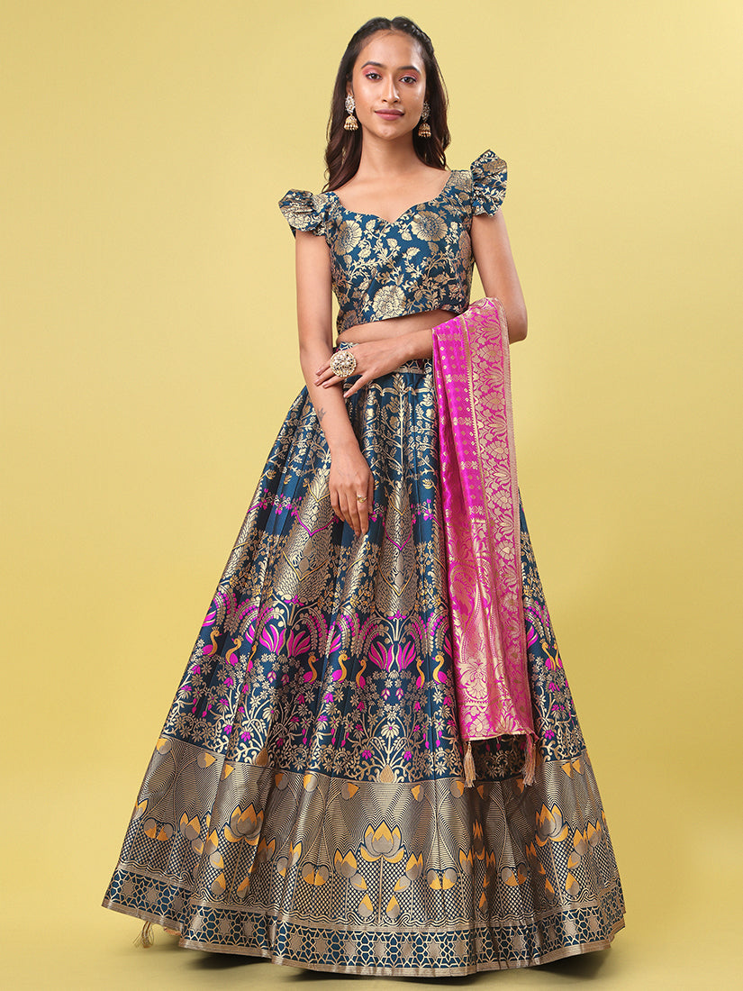 Teal Blue Jacquard Zari Woven Lehenga With Rani Pink Banarasi Dupatta