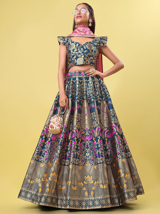 Teal Blue Jacquard Zari Woven Lehenga With Rani Pink Banarasi Dupatta