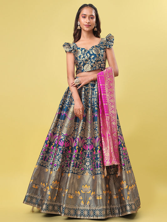 Teal Blue Jacquard Zari Woven Lehenga With Rani Pink Banarasi Dupatta