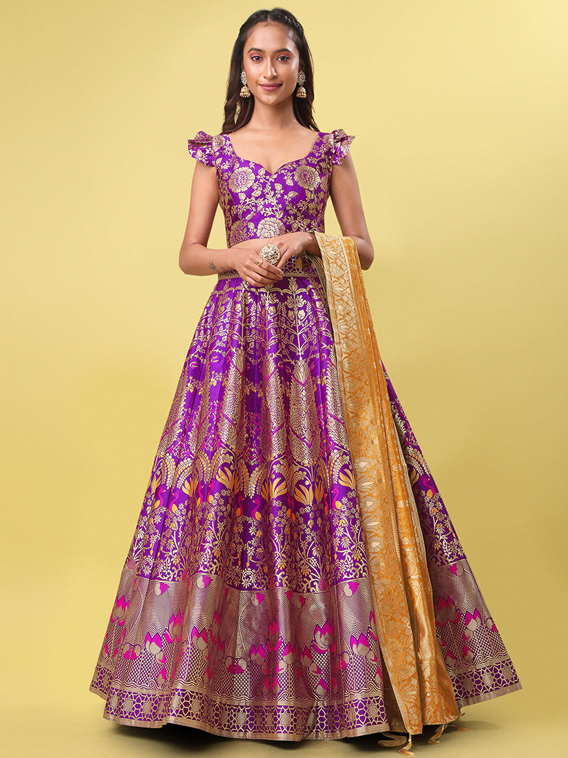 Purple Jacquard Zari Woven Lehenga With Mustard Banarasi Dupatta