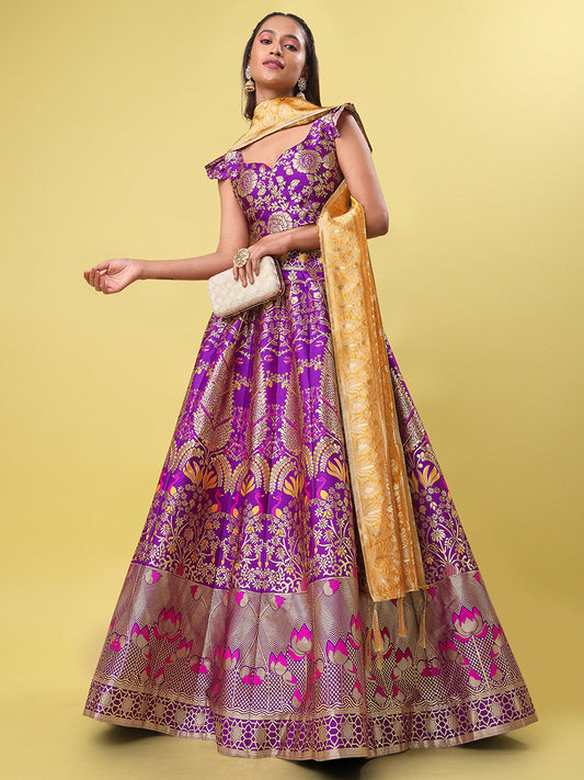 Purple Jacquard Zari Woven Lehenga With Mustard Banarasi Dupatta