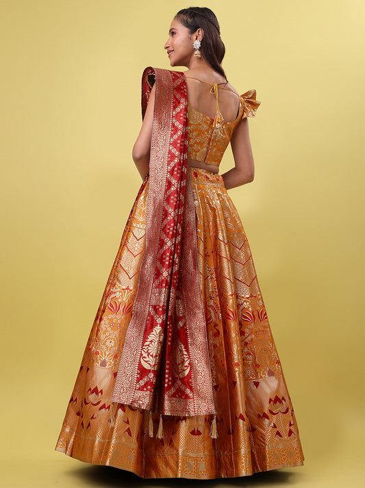Orange Jacquard Zari Woven Lehenga With Red Banarasi Dupatta