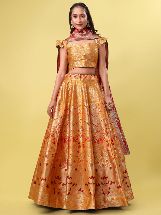 Orange Jacquard Zari Woven Lehenga With Red Banarasi Dupatta