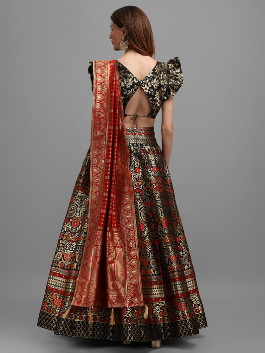 Black Jacquard Zari Woven Lehenga With Red Banarasi Dupatta