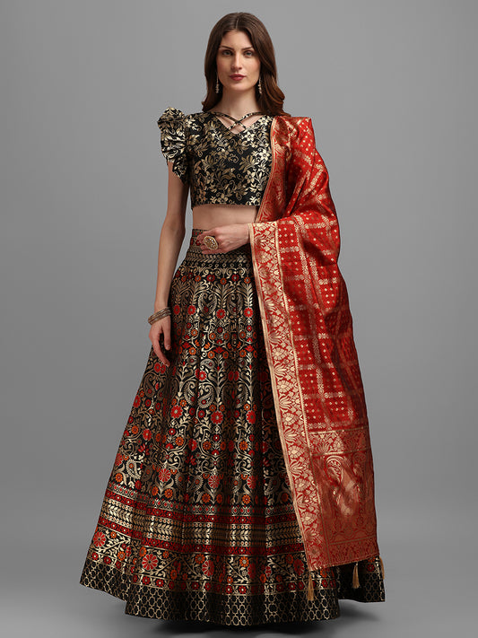 Black Jacquard Zari Woven Lehenga With Red Banarasi Dupatta