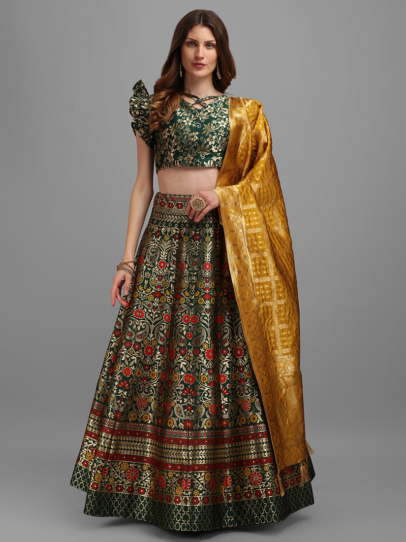 Dark Green Jacquard Zari Woven Lehenga With Mustard Banarasi Dupatta