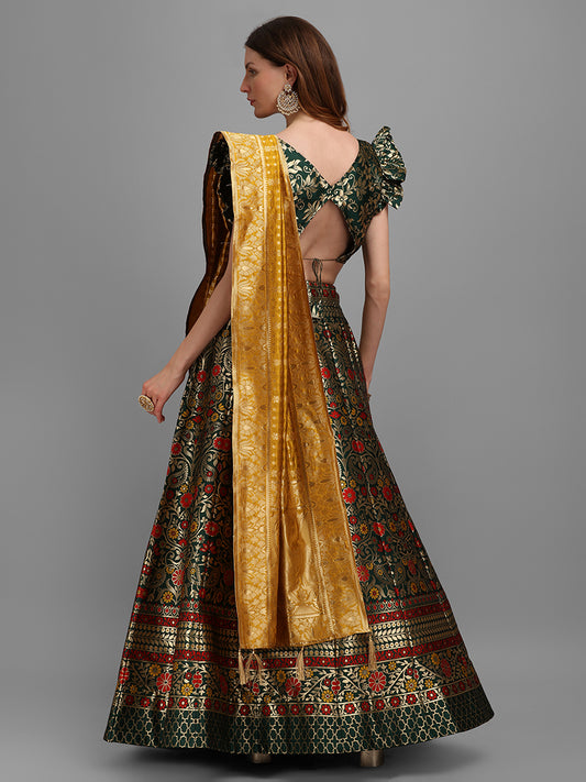 Dark Green Jacquard Zari Woven Lehenga With Mustard Banarasi Dupatta