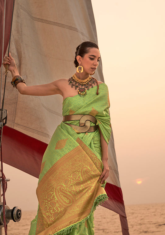 Parrot Green Satin Pastel Zari Weaving Festive Saree