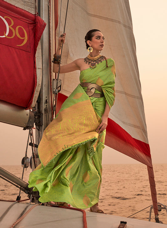 Parrot Green Satin Pastel Zari Weaving Festive Saree
