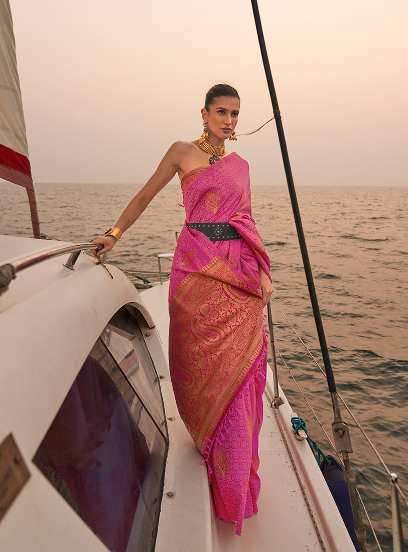 Dark Pink Satin Pastel Zari Weaving Festive Saree