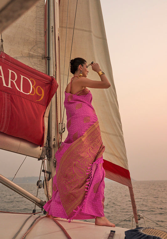 Dark Pink Satin Pastel Zari Weaving Festive Saree
