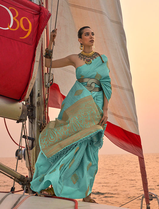 Sky Blue Satin Pastel Zari Weaving Festive Saree