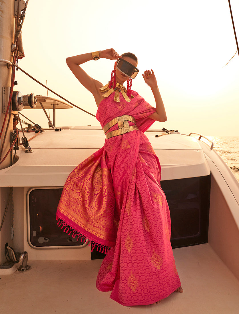 Rani Pink Satin Pastel Zari Weaving Festive Saree