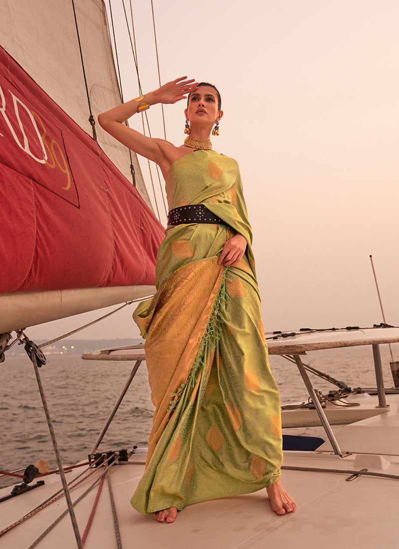 Olive Green Satin Pastel Zari Weaving Festive Saree