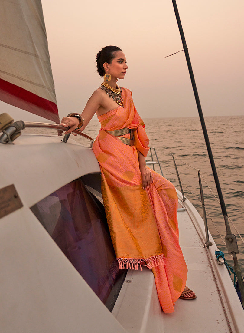 Peach Satin Pastel Zari Weaving Festive Saree