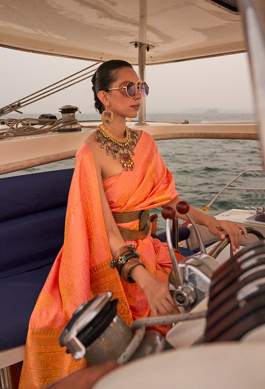 Peach Satin Pastel Zari Weaving Festive Saree