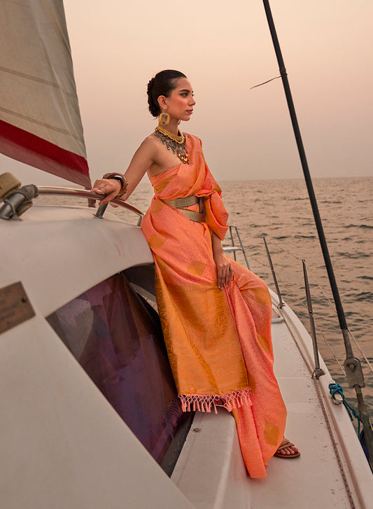 Peach Satin Pastel Zari Weaving Festive Saree