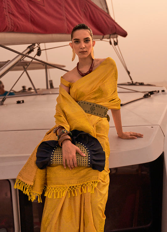 Yellow Satin Pastel Zari Weaving Festive Saree