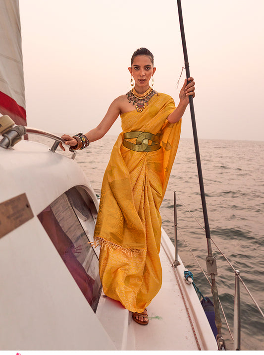 Yellow Satin Pastel Zari Weaving Festive Saree