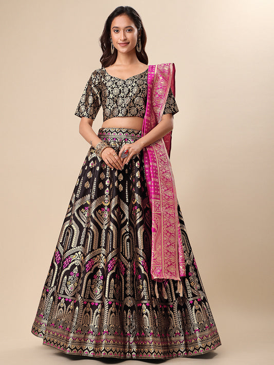 Black Jacquard Zari Woven Lehenga Choli With Banarasi Dupatta