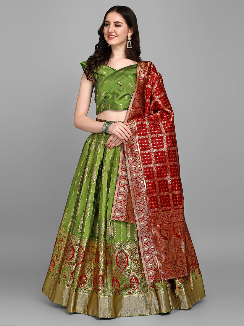 Green Jacquard Zari Woven Lehenga Choli With Banarasi Dupatta