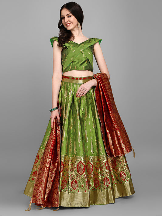 Green Jacquard Zari Woven Lehenga Choli With Banarasi Dupatta