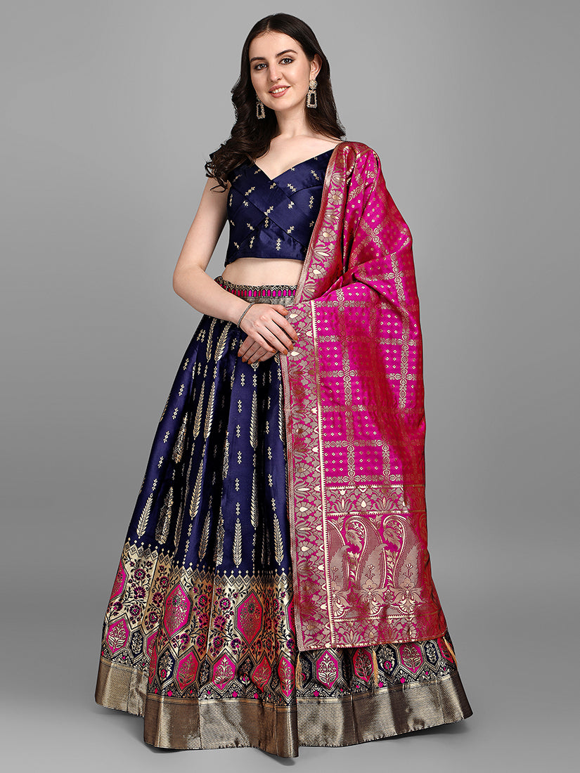 Navy Blue Jacquard Zari Woven Lehenga Choli With Banarasi Dupatta