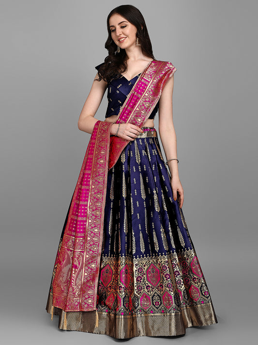Navy Blue Jacquard Zari Woven Lehenga Choli With Banarasi Dupatta