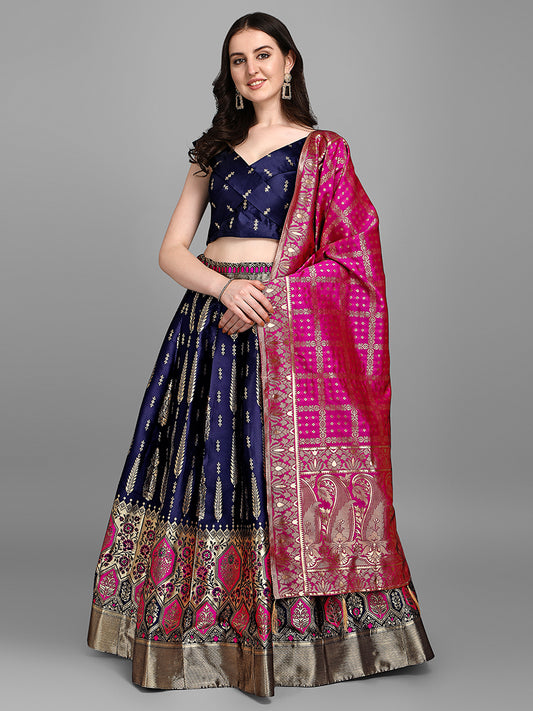 Navy Blue Jacquard Zari Woven Lehenga Choli With Banarasi Dupatta