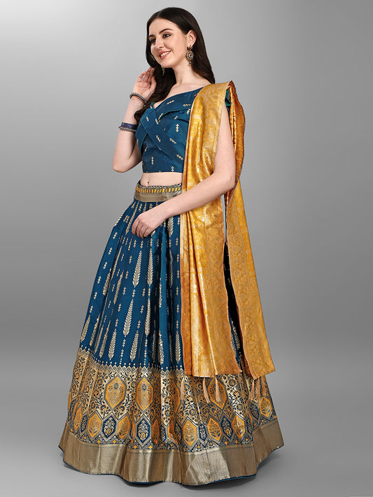 Teal Blue Jacquard Zari Woven Lehenga Choli With Banarasi Dupatta