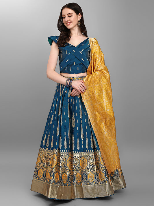Teal Blue Jacquard Zari Woven Lehenga Choli With Banarasi Dupatta