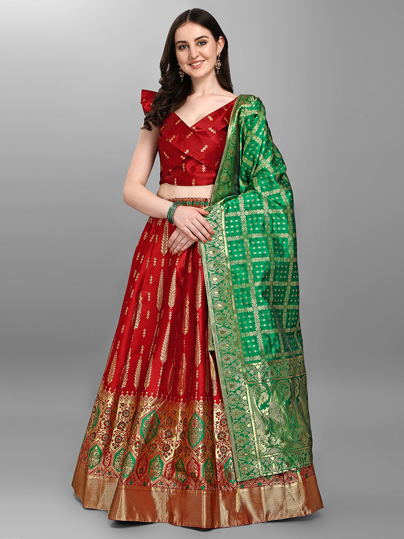 Red Jacquard Zari Woven Lehenga Choli With Banarasi Dupatta