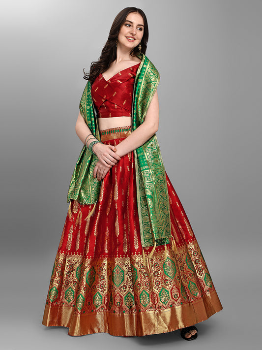 Red Jacquard Zari Woven Lehenga Choli With Banarasi Dupatta