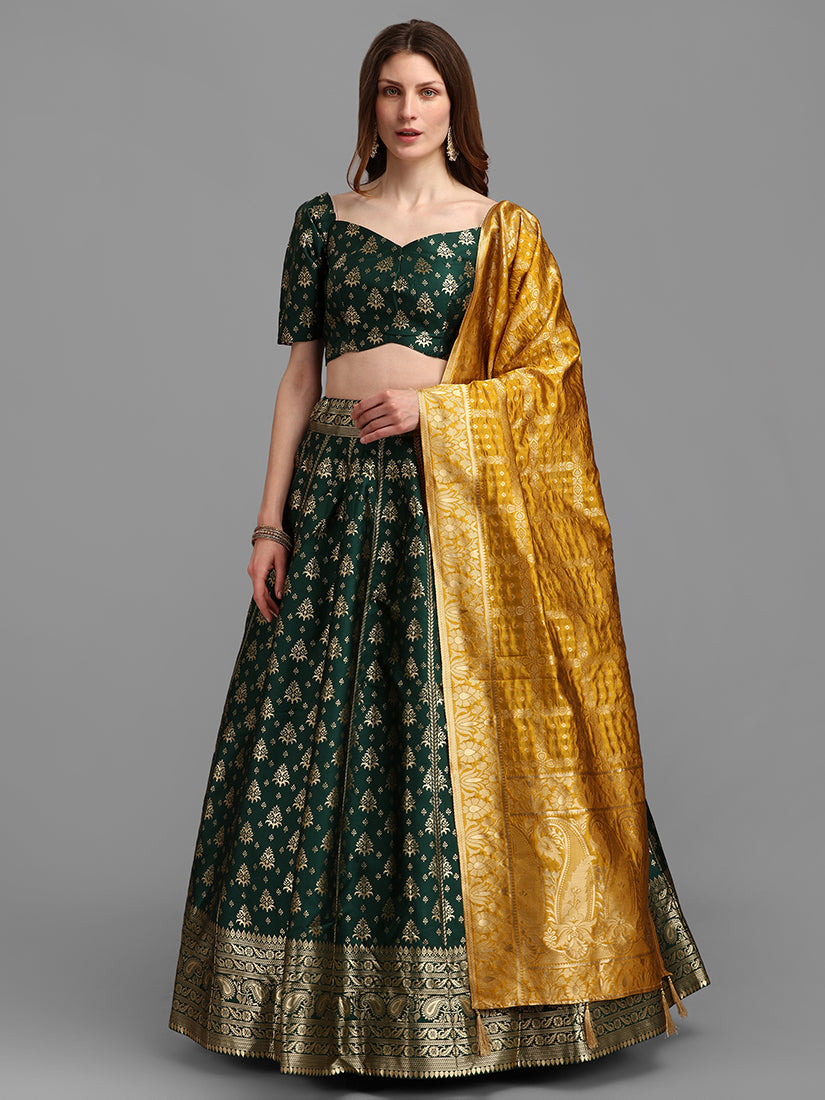Dark Green Jacquard Zari Woven Lehenga Choli With Banarasi Dupatta