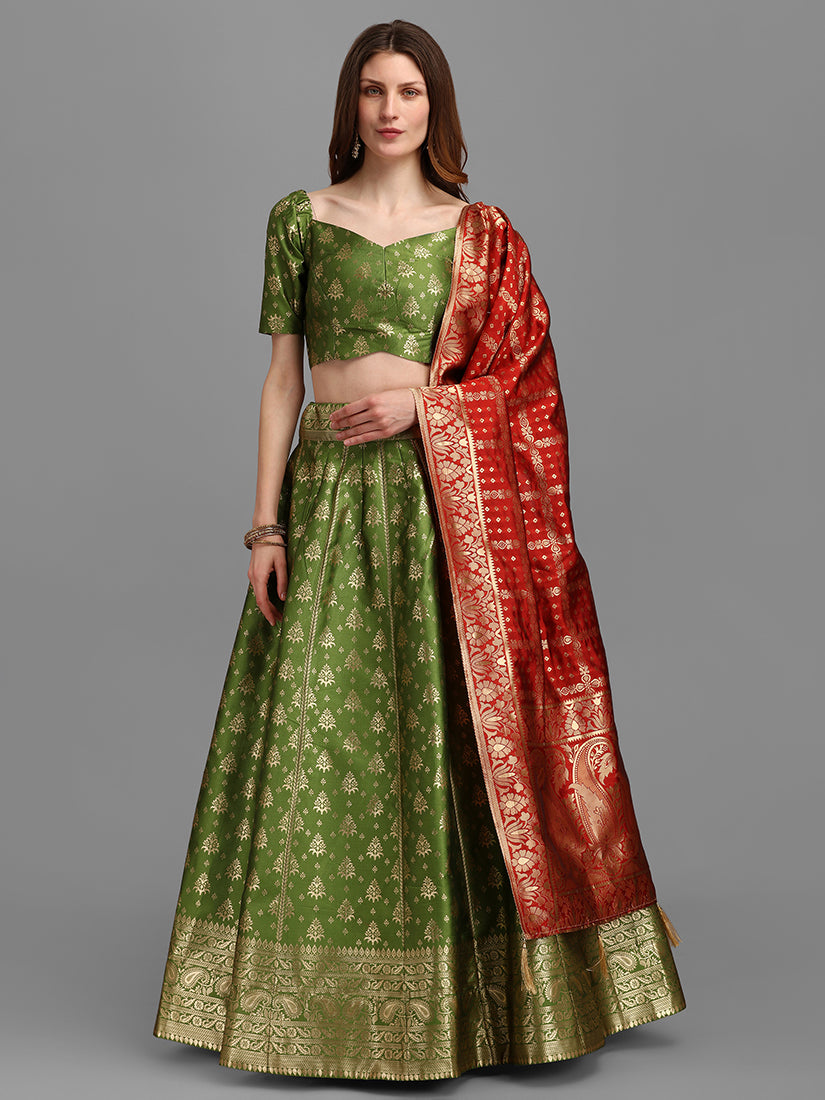 Green Jacquard Zari Woven Lehenga Choli With Banarasi Dupatta