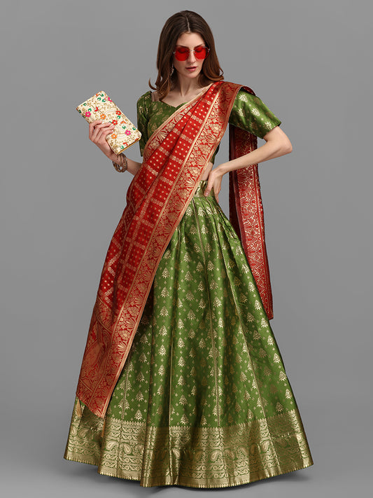 Green Jacquard Zari Woven Lehenga Choli With Banarasi Dupatta