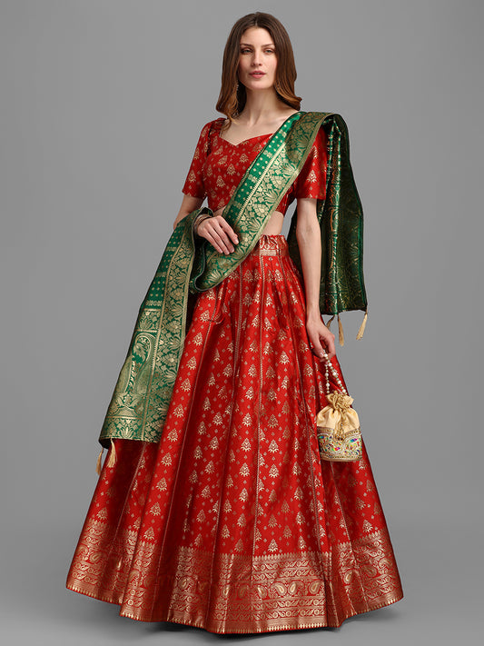 Red Jacquard Zari Woven Lehenga Choli With Banarasi Dupatta