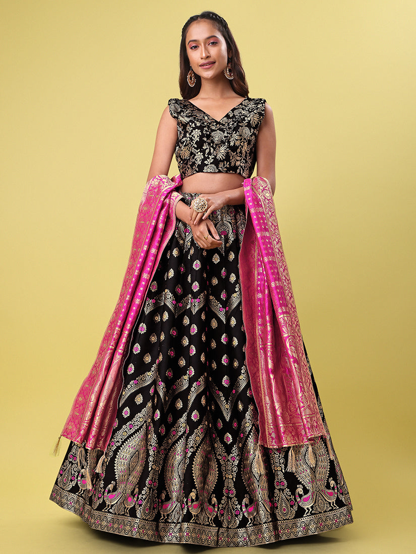 Black Jacquard Zari Woven Lehenga Choli With Banarasi Dupatta